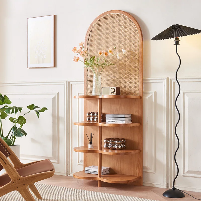 

Japanese-style solid wood screen partition, living room, homestay rattan rack, small apartment block, simple magazine bookshelf