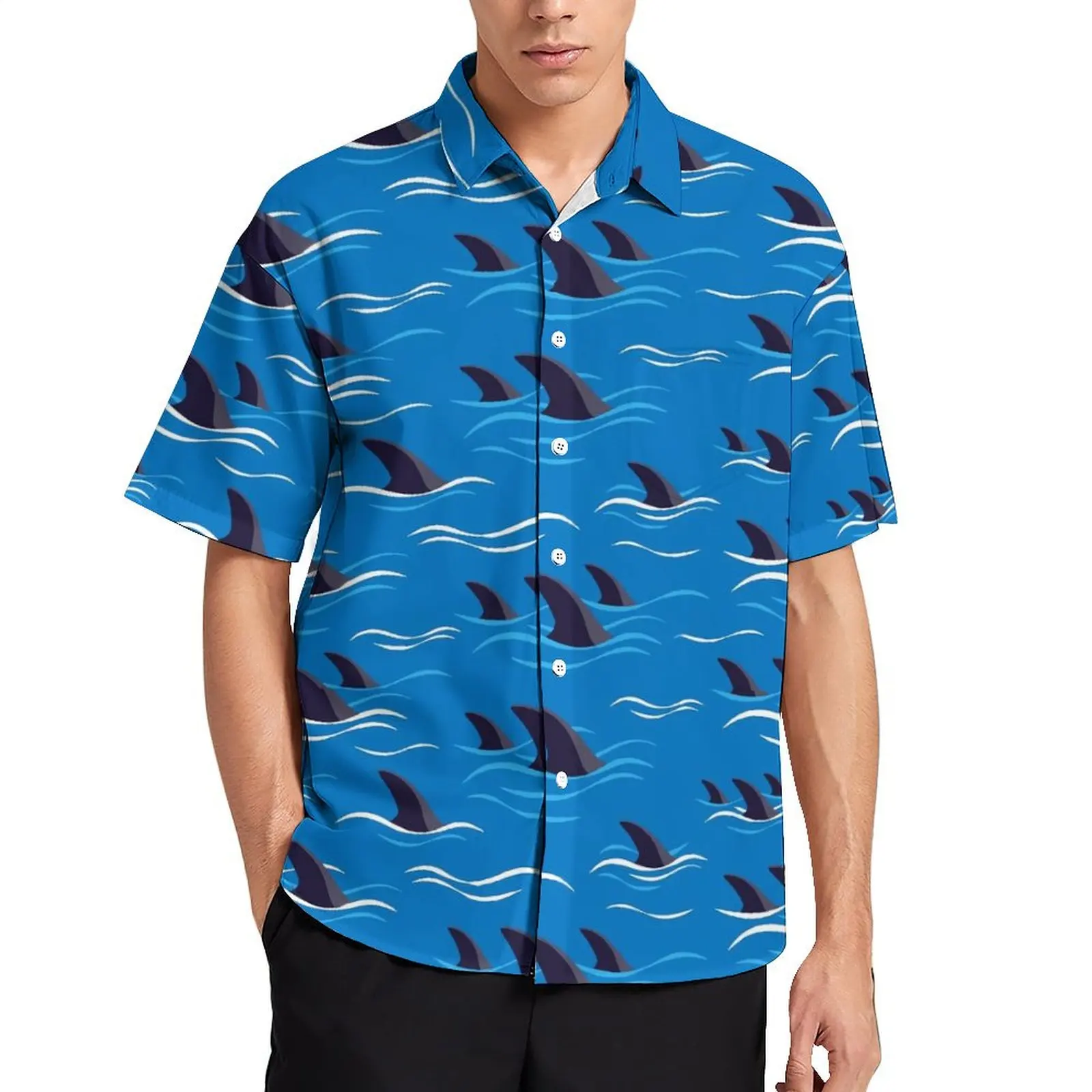 

Hawaiian Shirt Vacation Shark Fin Print Blouses Waves Vintage Casual Shirts Men Short Sleeve Y2K Fashion Oversized Tops