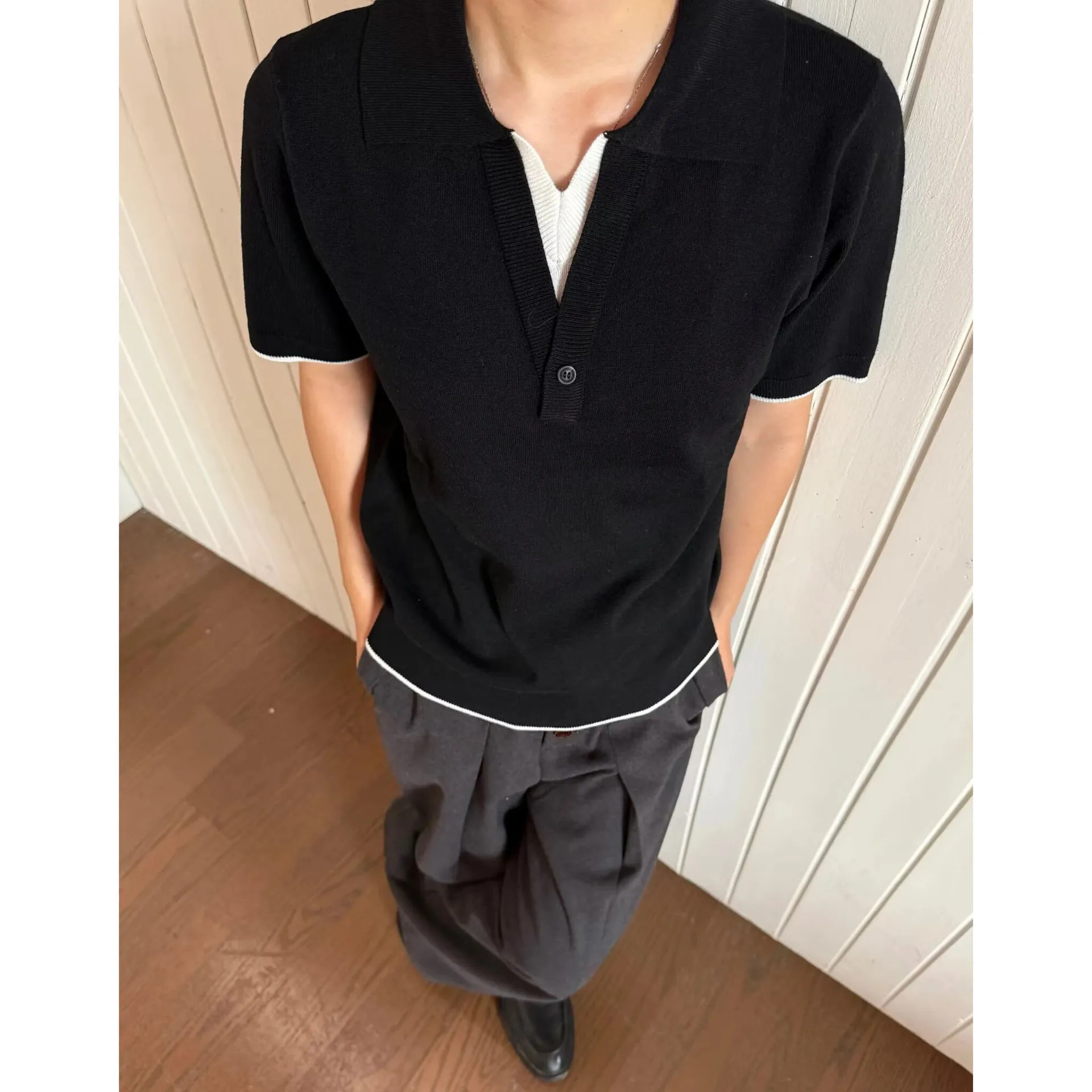 Summer Fake Two-Piece V-Neck Patchwork Lapel Short Sleeve Knit Polo Shirt Men's Premium Business Casual Top