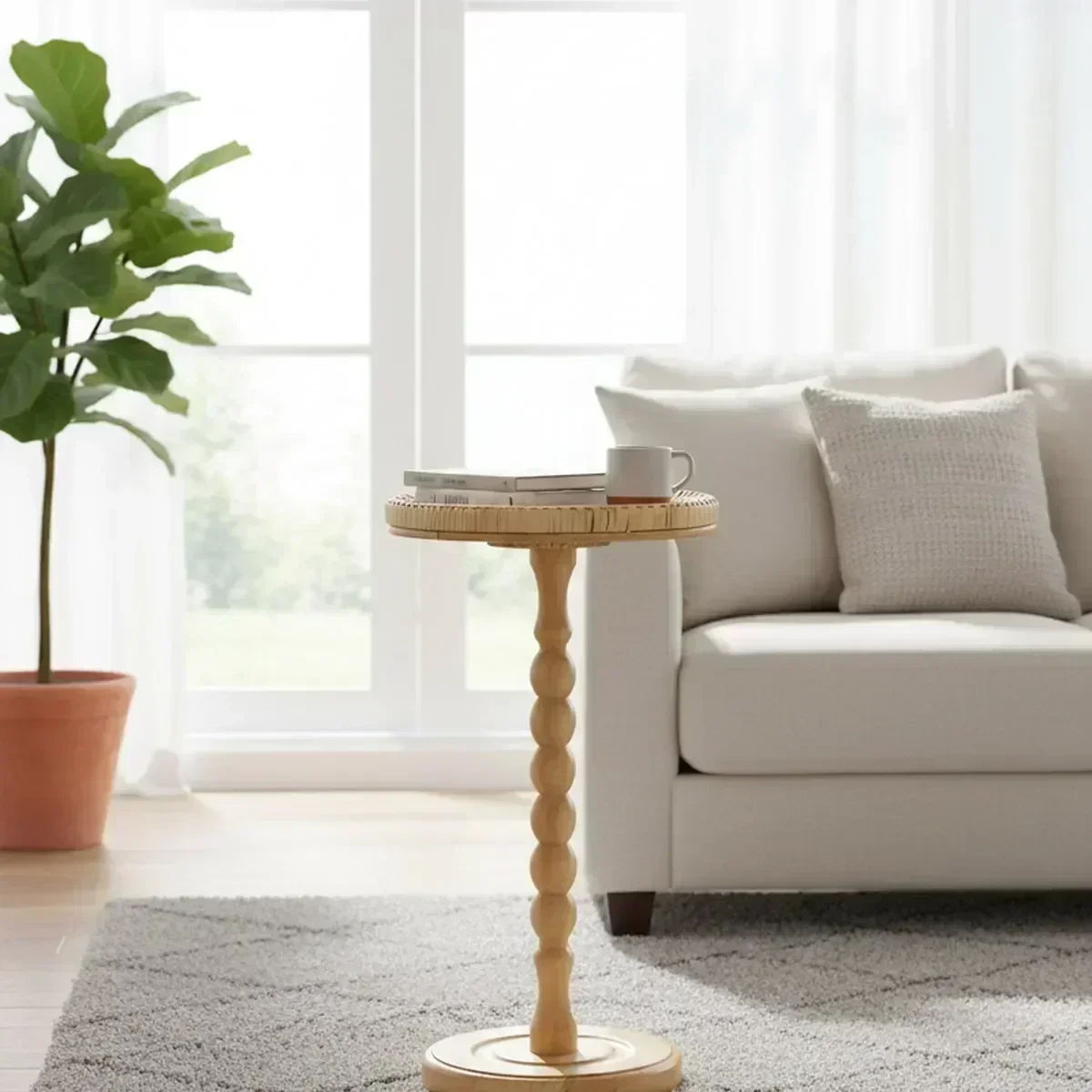 Boho Rattan Round Side Table Small Spaces Accent Coffee Table Solid Wood Legs