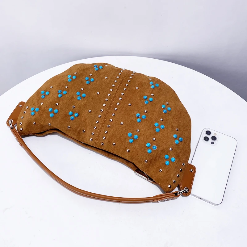 Faux Suede Half Moon Bag For Women Luxury Designer Handbag Purse 2024 New In Polyester Mosaic Beads Rivet Slim Underarm Shoulder