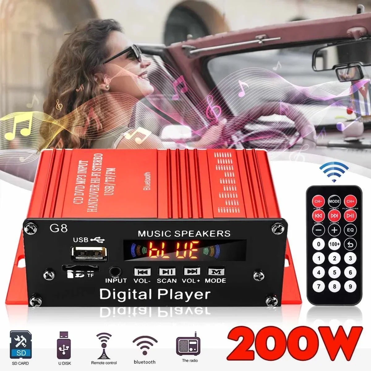 12 فولت 200 واط 2CH بلوتوث رقمي صغير HIFI الصوت مكبر كهربائي سيارة الصوت مكبر للصوت مكبرات صوت استيريو راديو FM USB ث/عن بعد