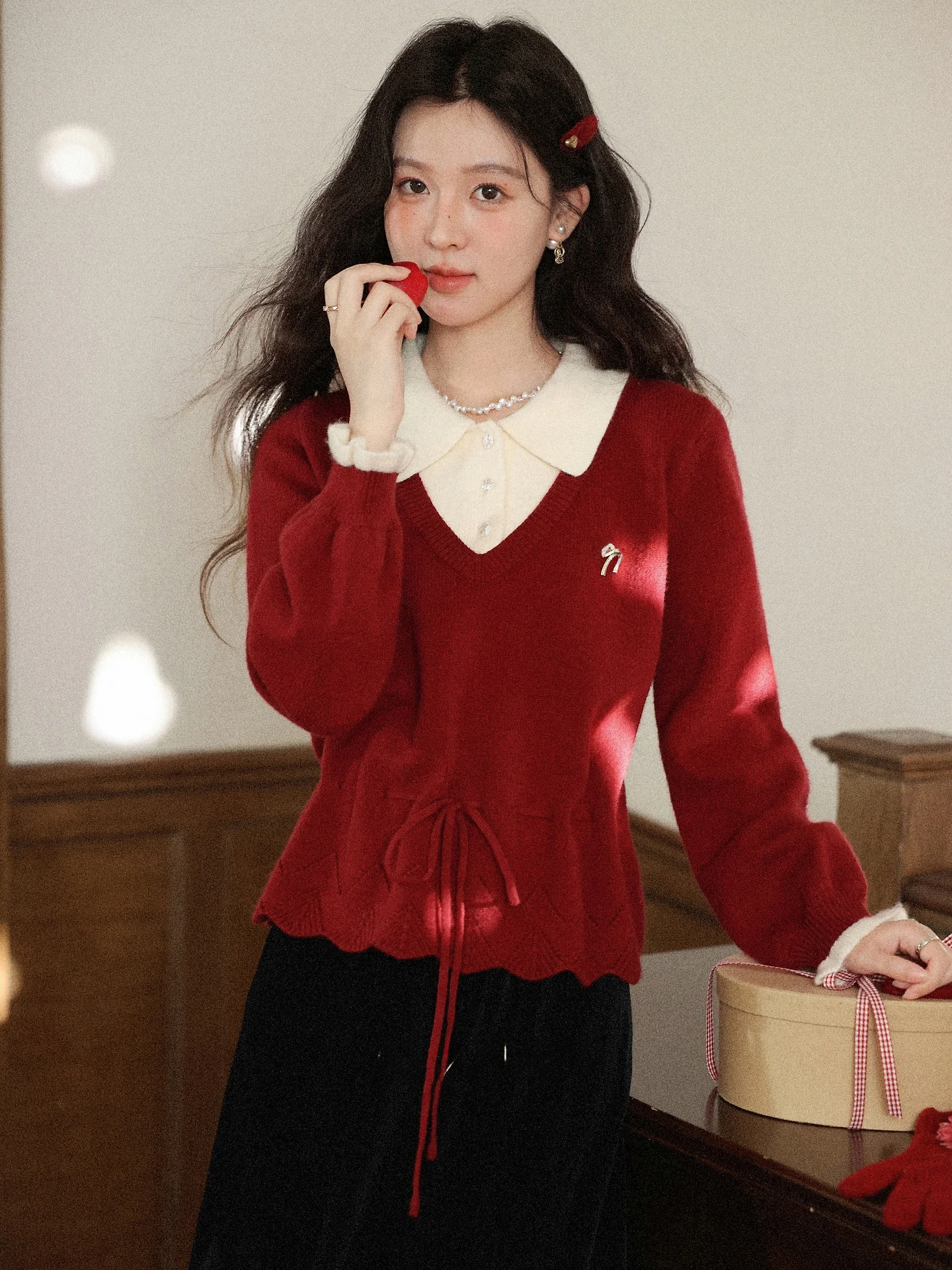 

Красный вязаный свитер Cisas для женщин: осенне-зимний, свободный крой, с длинными рукавами, повседневный, с зауженной талией, имитация двухслойности