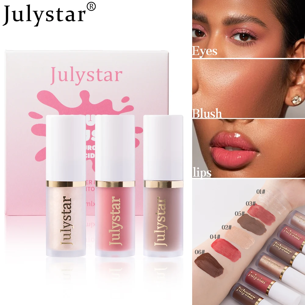Julystar 3 ألوان/مجموعة ترطيب الوجه روج أحمر الخدود السائل طويل الأمد اللؤلؤ الشفاه اشراق الطبيعية هيغليغتر Retoucher مجموعة #6