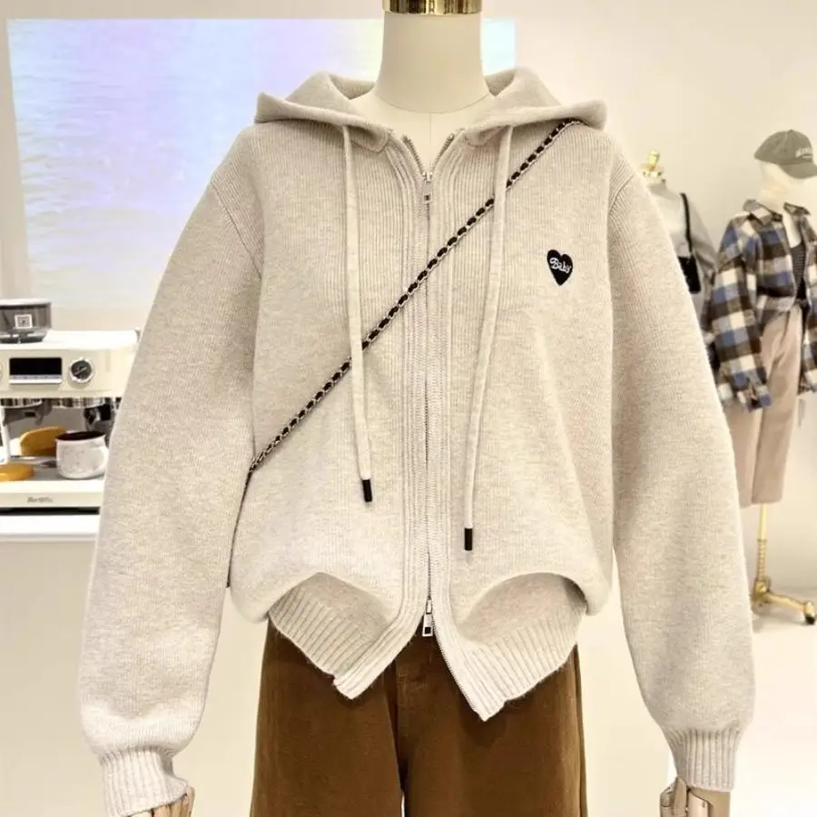 الخريف الشتاء بسيط التطريز القلب فضفاض النسخة الكورية سميكة الدافئة سستة سترة مقنعين محبوك سترة المرأة معطف الاتجاه #1