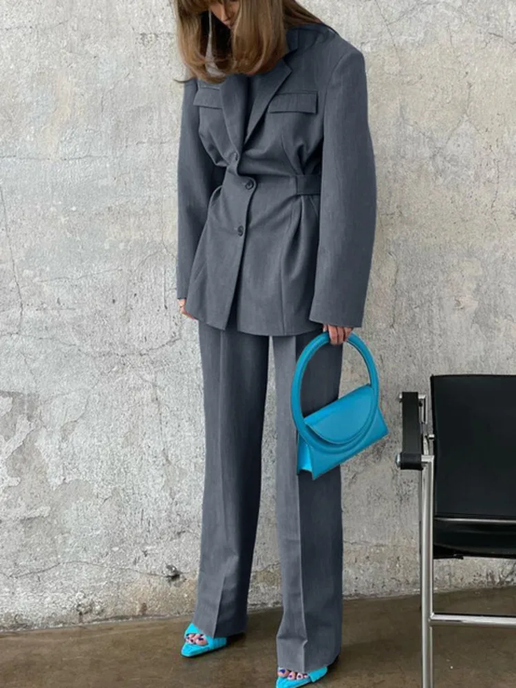 TLXT 2025 Spring Fashion Flip Neck Elegance Waist Wrapped Suit Coat For Women Casual Pants Design Sense Solid Color Set XK1061