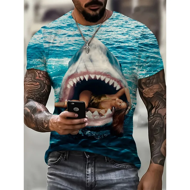 Men's Summer Round Neck Clothes Short Sleeve Sports Shirt Fashion 3D Shark Soccer Ball Pattern T-Shirts Oversized Men's T-Shirt