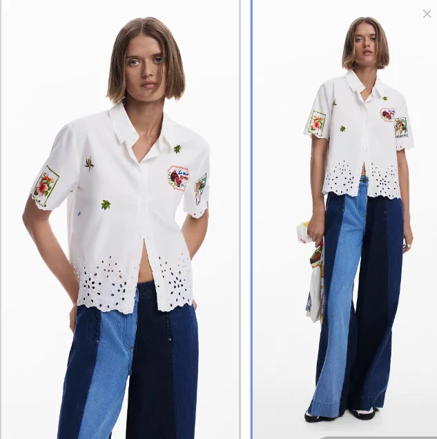 Foreign trade original single Spanish square collar printed embroidery hollow short sleeve shirt