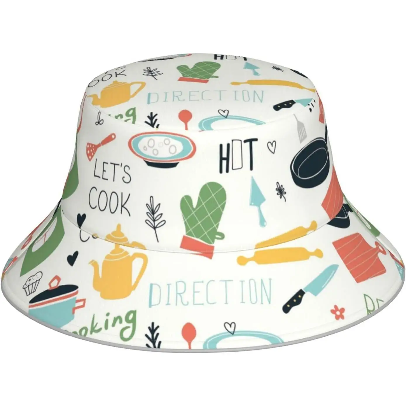 Let's Cook Kitchen Pattern Bucket Hat Cute Cooking Utensils Print Fisherman Hat Fashion Sun Hat for Women Girls Cooking Lovers