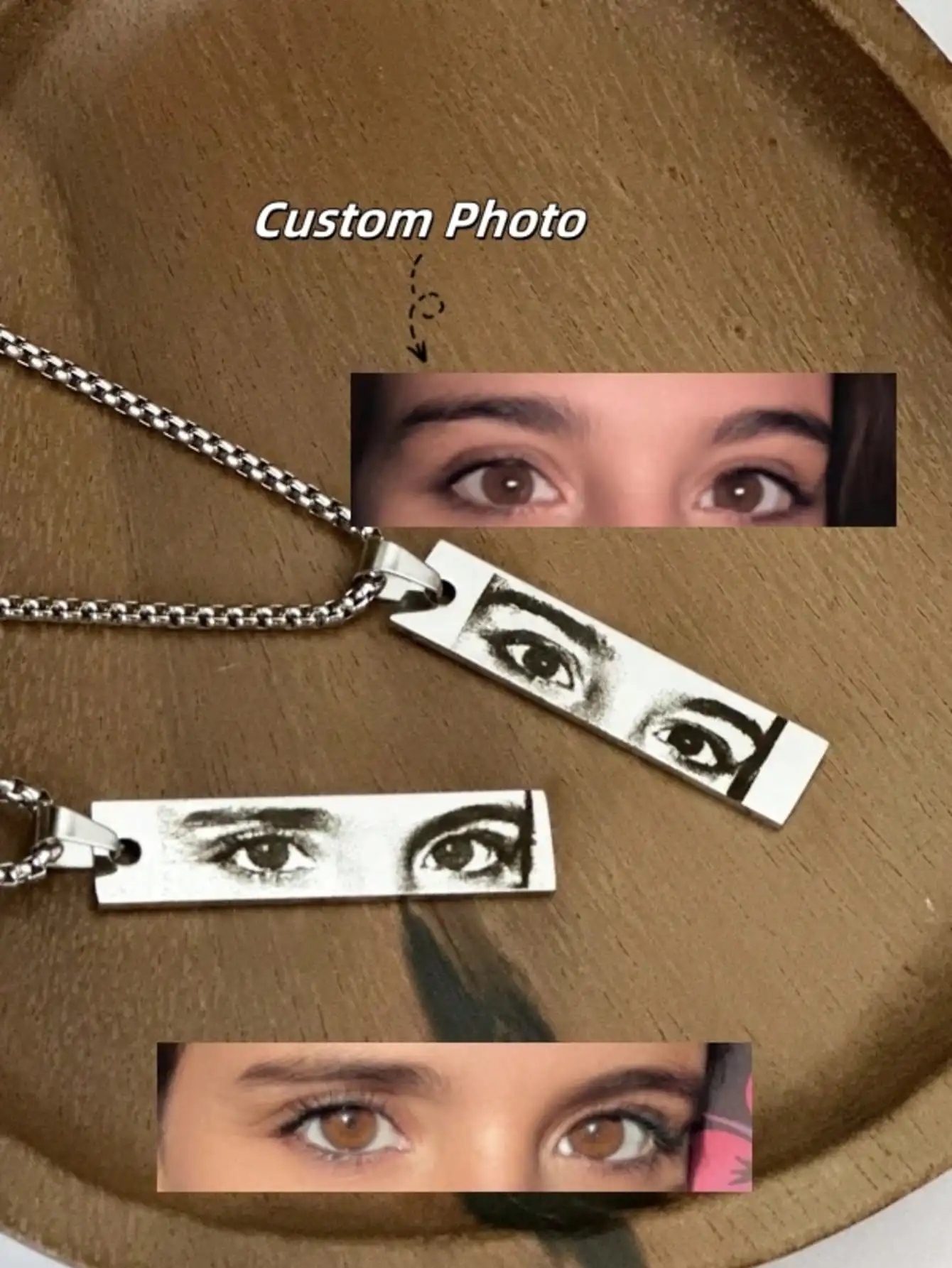 

Custom Engraved Eye Photo Necklace in Stainless Steel, Minimalist Personalized Gift for Her or Him