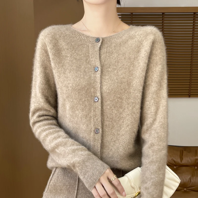 Autumn And Winter Cashmere Wool Sweater Cardigan Women\'s Crew Neck Pullover Casual Knit Top Female High Street Fashion Cardigan