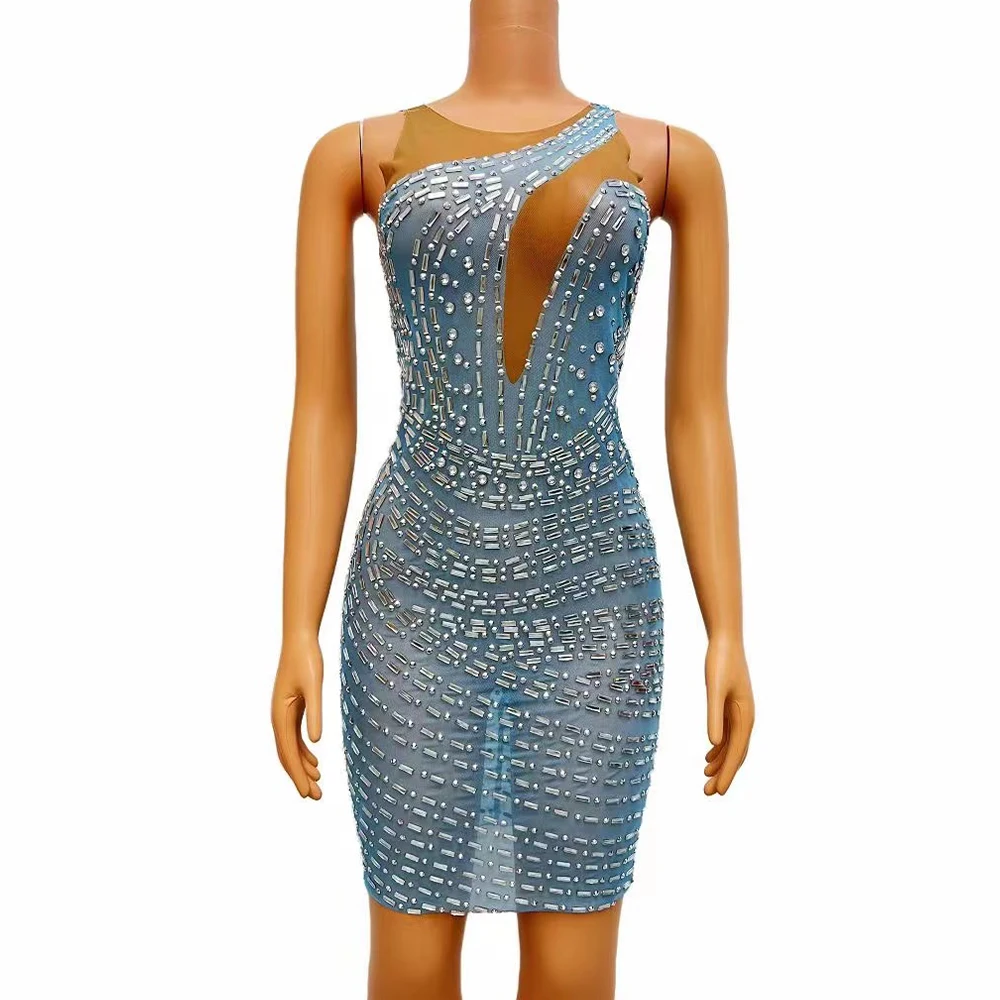 

Sexy Silver Crystals Blue Transparent Mini Dress Sleeveless Evening Birthday Celebrate Outfit See Through Dance Host Costume