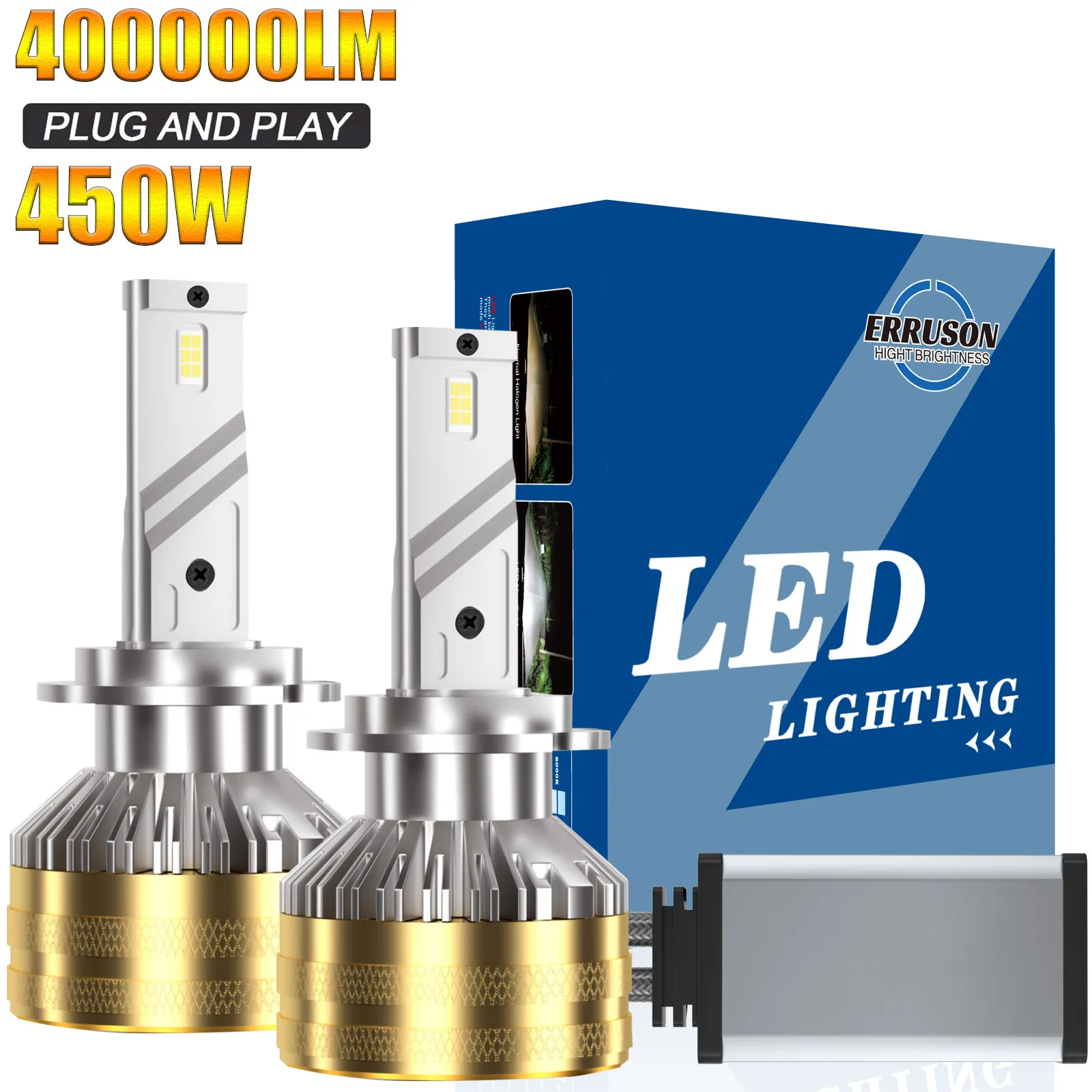 

Erruson 450W 400000LM 2 шт. H7 Автомобильные фары Светодиодные лампы Canbus Противотуманные фары Светодиодные лампы 6000K Супер яркие фары с охлаждающим вентилятором