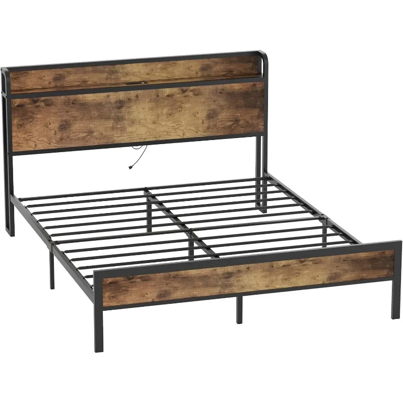 Queen Size Bed Frame, Storage Headboard with Charging Station, Metal Wooden Platform, Noise Free, No Box Spring Needed