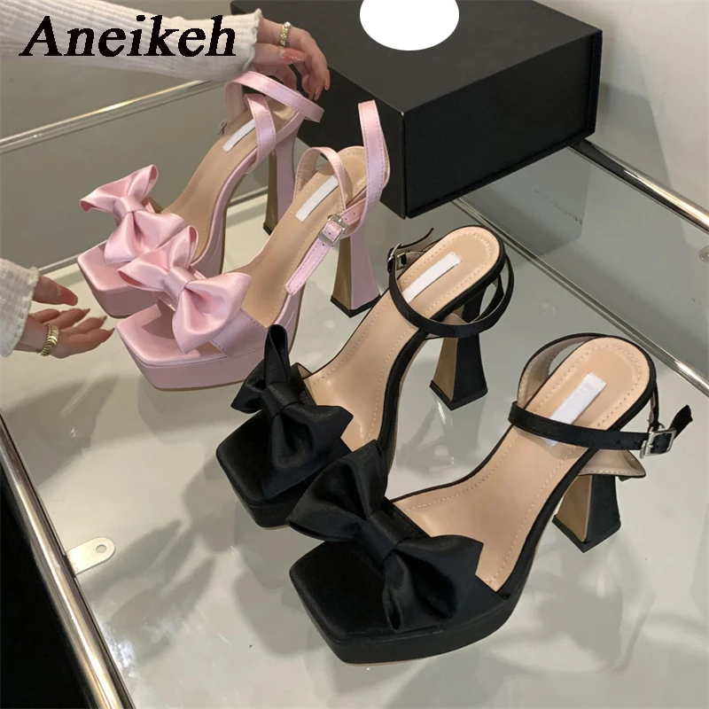 Aneikeh 2024 Silk Butterfly Buckle Lace Up Women\'s Sandals Fashion Sexy Square Toe High Heels Party Wedding 35-40