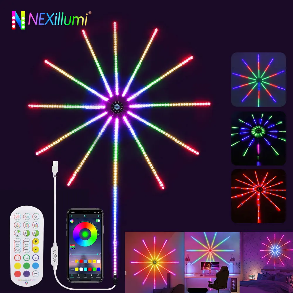 Fajerwerki LED Strip Lights Dream Color RGB Zmiana muzyki Synchronizacja dźwięku Bluetooth Firework Lights z pilotem DC 5V USB LED