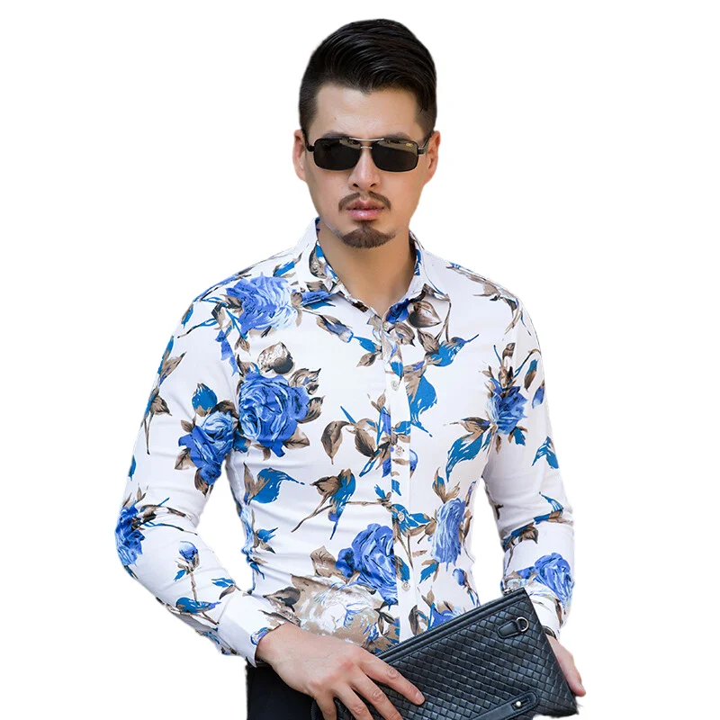 

Men Fashions Business Slim fit Long Sleeves Shirt spring autumn Clothes Hawaiian Beach Casual dress Floral Shirt For Male work