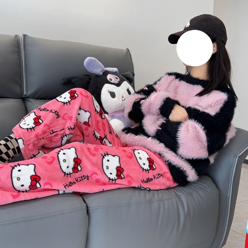 Sanrioes-pantalones de pijama de franela de Hello Kitty Kuromi para mujer, ropa de casa informal de lana, ropa de ocio, regalo de Navidad para niña