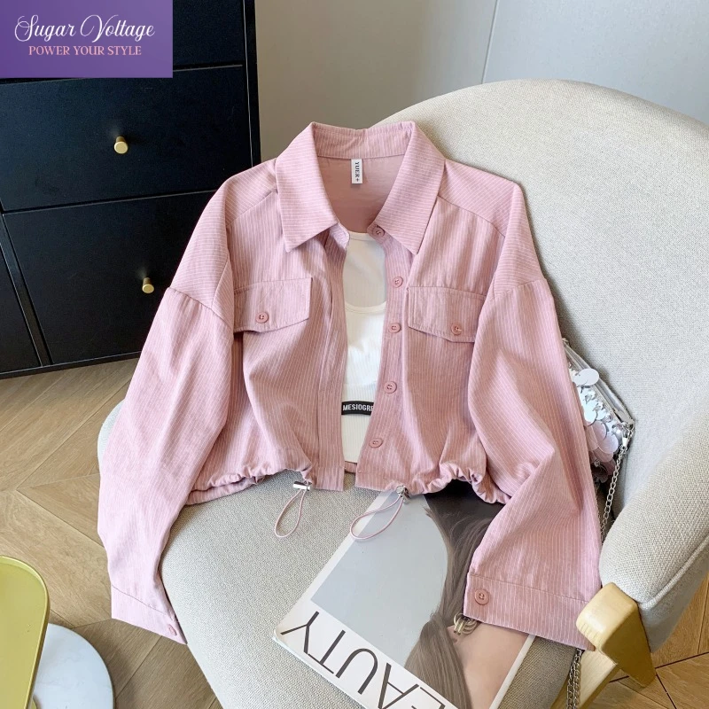 

Korean Sweet Casual Jacket for Women Pink Cropped Corduroy Shirt with Drawstring Hem and Pockets Versatile Streetwear Fall Look