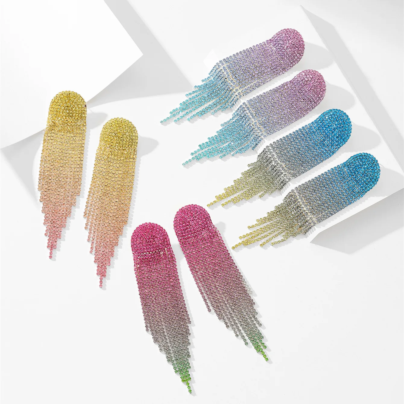 Temperament gradual change color tide rhinestone long fringed earrings women, high-end stud earrings ear jewelry earrings