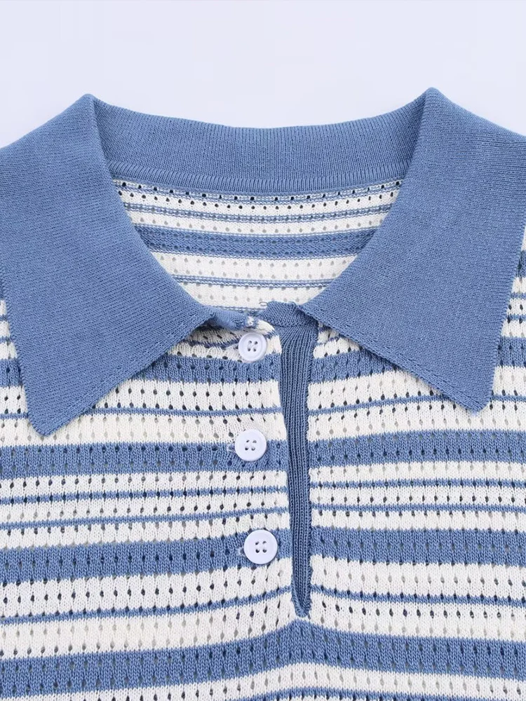 TRAF Europejski i amerykański styl damski letni nowy modny sweter w paski z klapami, uniwersalny i dopasowany.