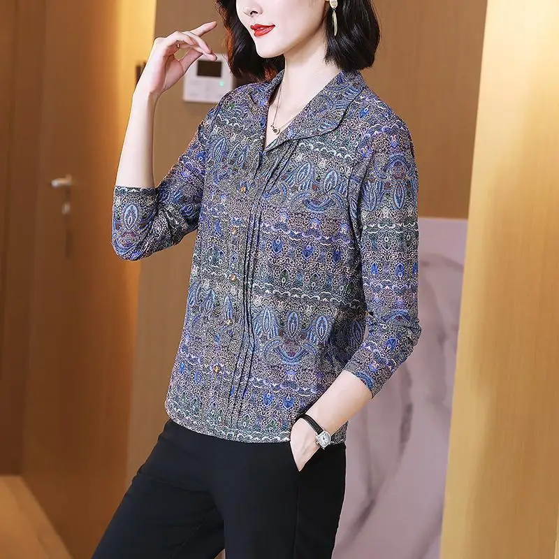 Spring Autumn Turn-down Collar Long Sleeve Fashion Blouse Women High Street Printing Pullovers Vintage Elegant All-match Tops