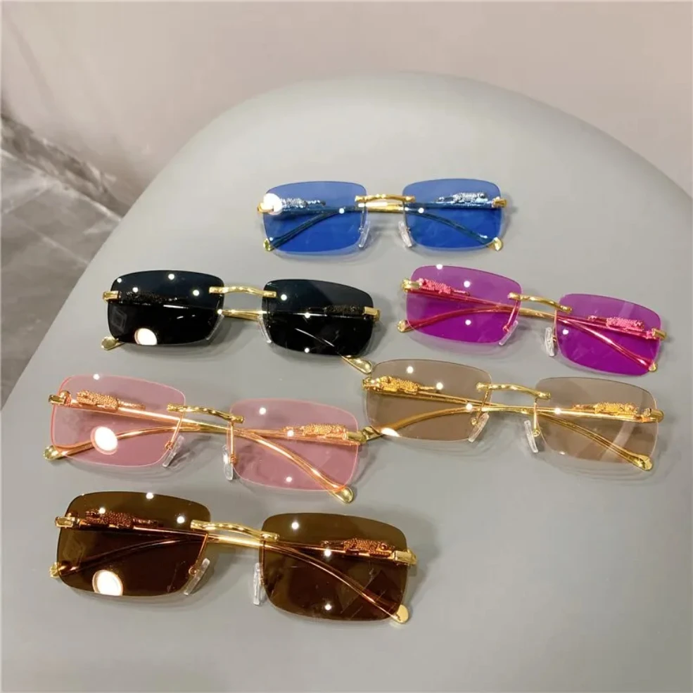 

Vintage Sunglasses Rimless Cut Edge Sunglasses Fashion Designer Shades Luxury Golden Leopard Frame Sunglasses UV400