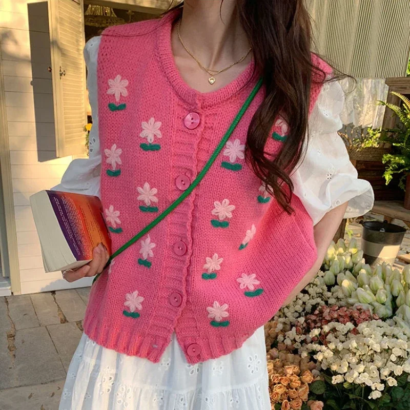 Kawaii Pink Graphic Crop Short Knitted Top for Women V-neck Vest Cute Ladies Sweaters Tricot Blouse Economics Aesthetic Sale Hot