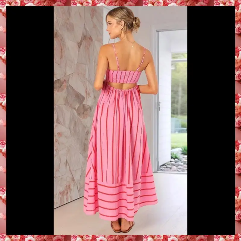 ผู้หญิงลายกลับ Smocked Maxi Dress สายสปาเก็ตตี้ตัด Flowy Swing ชุดเดรสยาว