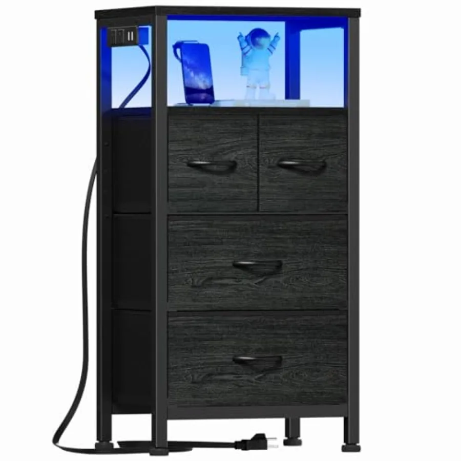 

Tall Night Stand with Charging Station and Led Light Small Dresser with Open Shelf and Storage Black Side Table Fabric Nightsta