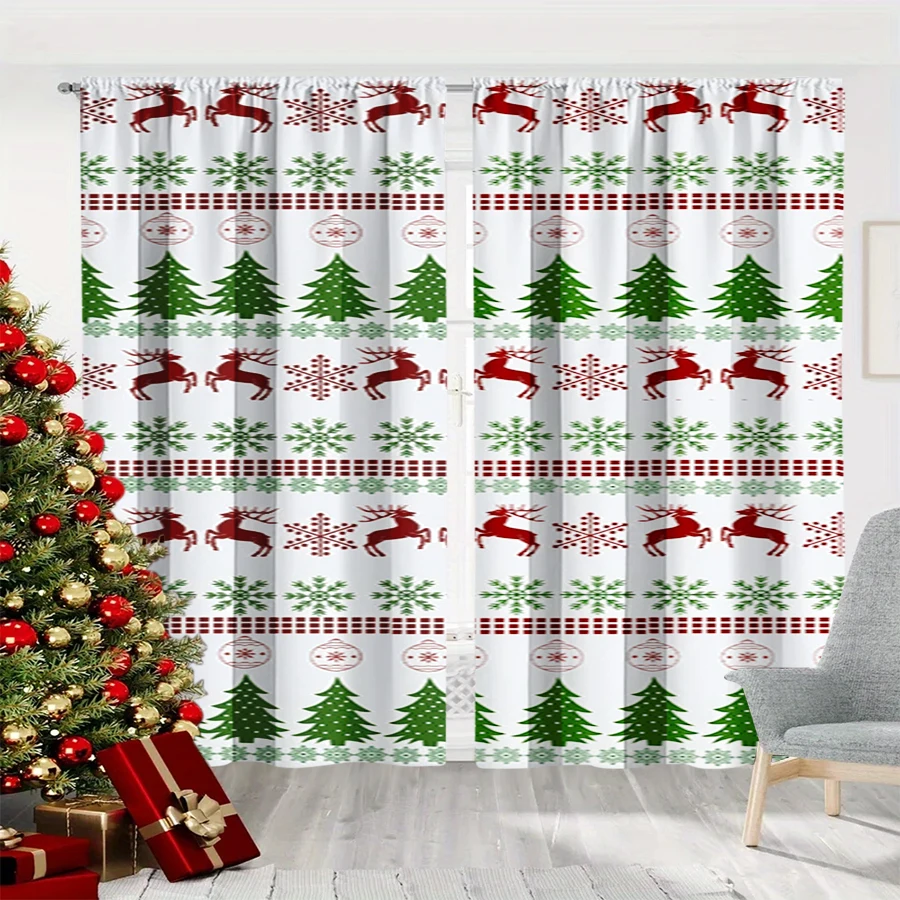 2PCS Christmas Winter Curtains, Fair Isle Knit Reindeer Snowflake Christmas Tree, Digital Print, Bedroom Living Room, Home Decor