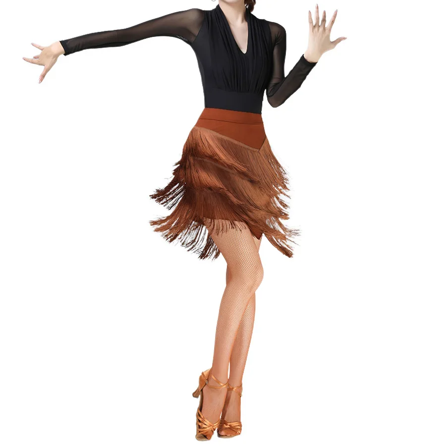 

Latin Dance Tassel Skirt Elegant High Waist Fringed Design Skirt Solid Color Dance Training Performance Skirt Women's Clothing