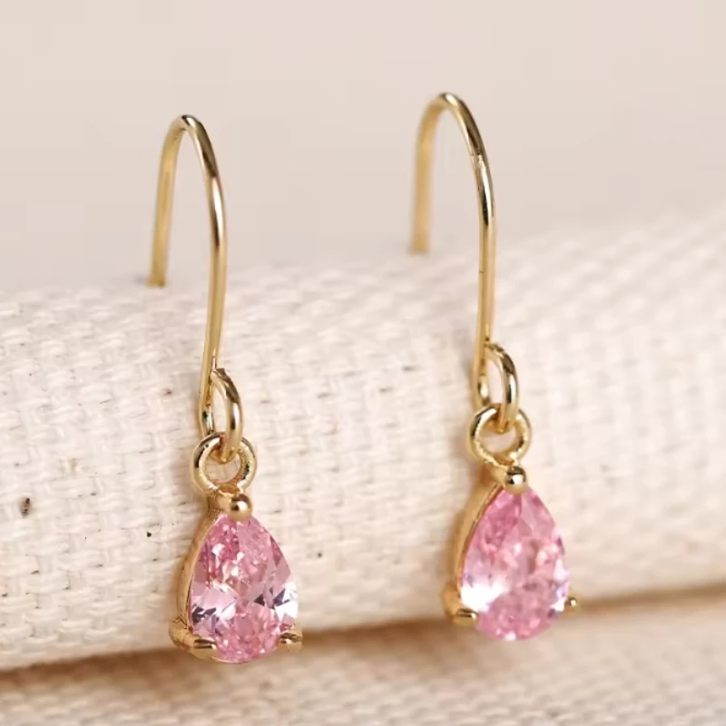 Pink Color Teardrop Shaped Pendant Earrings Paired with Dazzling Zirconia Accessories for Young Girls' Birthday Party Jewelry