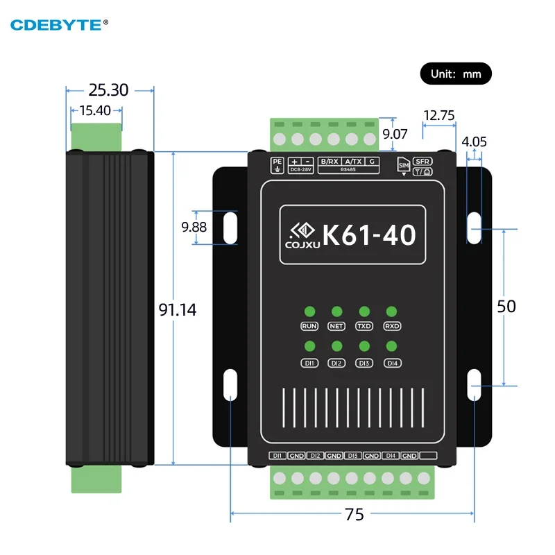 Schakelwaarde RS485 CDEBYTE K61-DL20 Gegevens Transparante transmissie op afstand Modbus RTU/TCP Hardware Watchdog Anti-interferentie