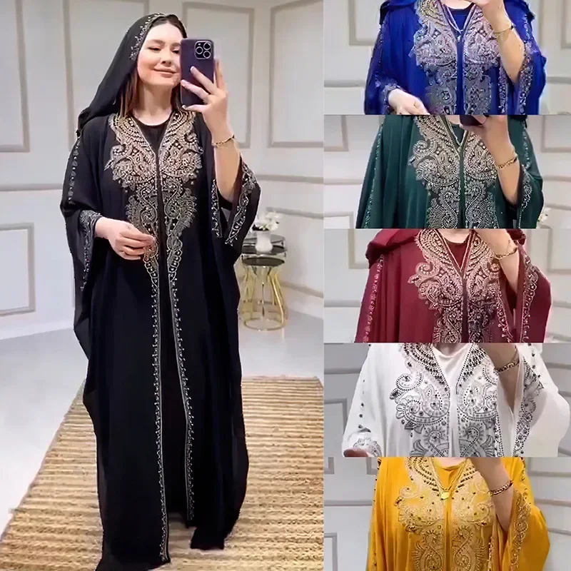 Diamond Bead Fashion Loose Abaya African National Style Muslim Dress Dubai Turkey Arabic Maxi Dresses for Women Plus Size Hooded