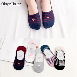 New fashion Spring Summer Red Heart with Stripe No-show Socks Cute College Wind Simple Basic Fresh Female Sokken Soft Cotton Sox