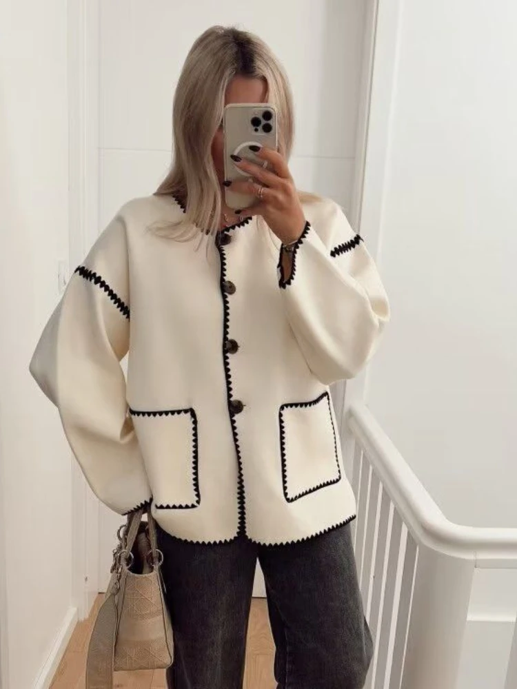 

Fashion Blended Woolen Coat Women Jackets Autumn Winter 2023 Lace Contrast O Neck Pocket Decorative Loose Woolen Coat Tops