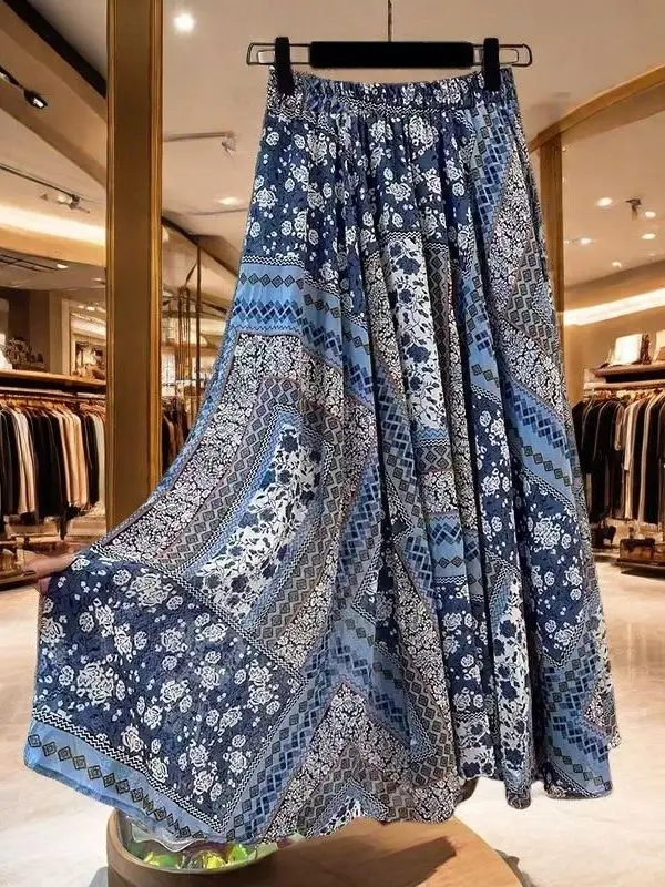 

n Mid-Length f Skirt Women Summer 2025 Loose Hip Covering Pleated High Waist Slimming Chiffon Long Skirt