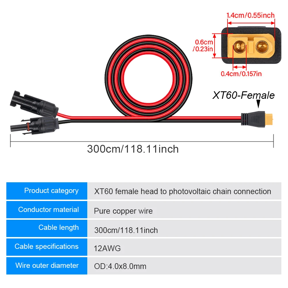 3 Meter 10 Fuß 12 AWG Solarpanel-Anschluss auf XT60-Adapterkabel, Solar-Ladekabel, PVC-Draht aus reinem Kupfer für Auto-Kraftwerk