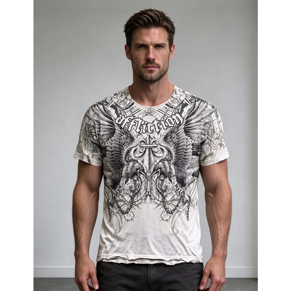 Summer Fashion Men's and Women's Gothic Horror Halloween Breathable Comfortable T-shirt Wing Shaped Cross Print T-shirt