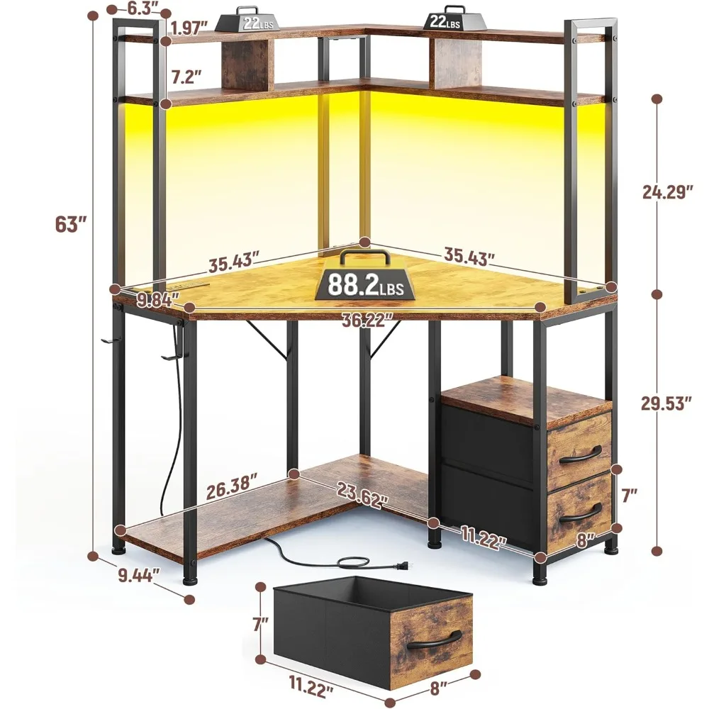Biurko narożne, 90 cm szer. x 160 cm wys., małe biurko komputerowe i biurko biurowe z półką i oświetleniem LED, biurko gamingowe z szufladami i półkami