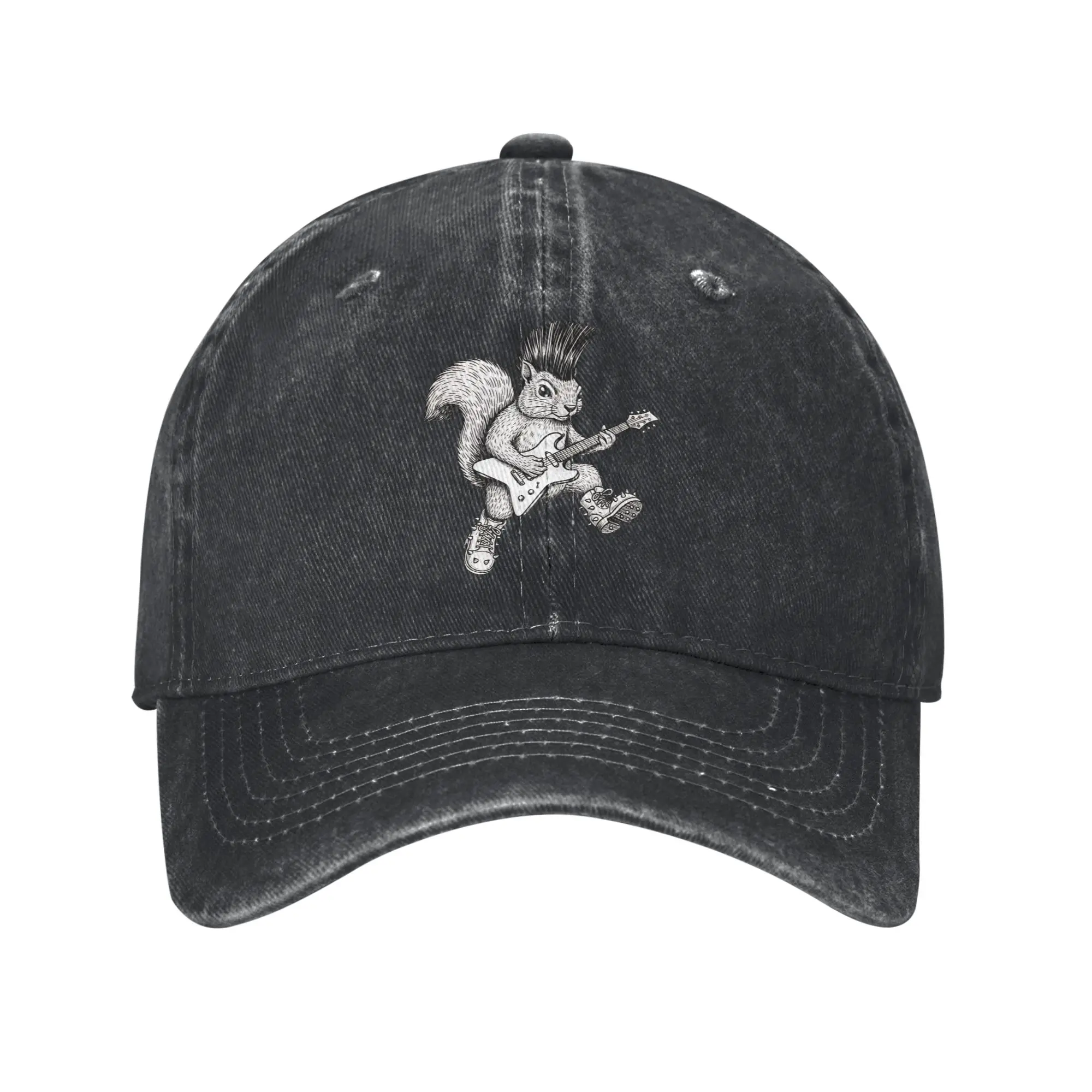 Washed Baseball Cap Funny Punk Squirrel Playing Electric Guitar Rocker Summer Hip Hop Hats Cute Kpop Rock Sun Baseball Caps