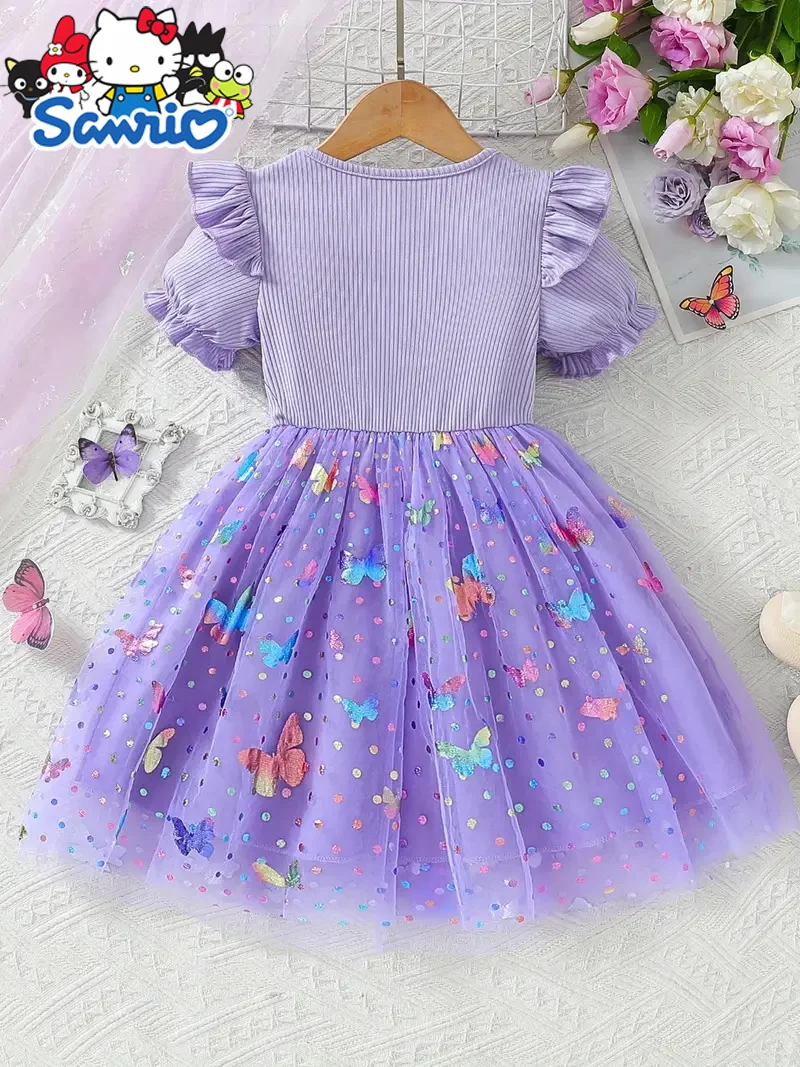 Kuromi Princess Dress for Girls, Purple Butterfly Sequin Tulle Tutu Dress, Kids Birthday Party Gown