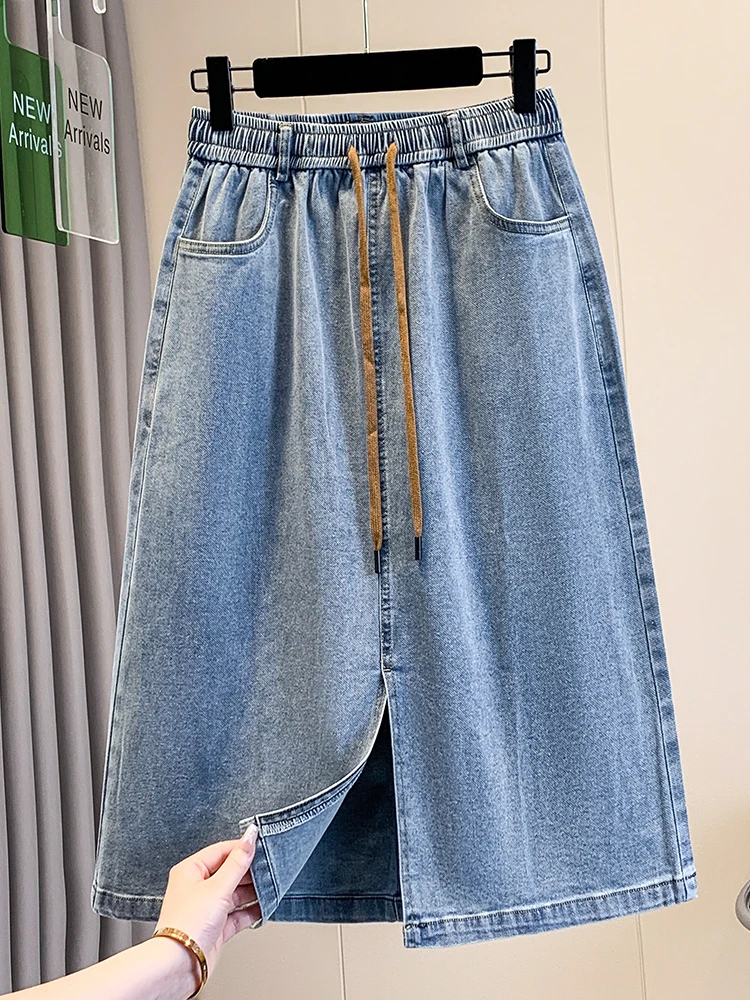 Loose Fit Lightweight Casual Elastic Waist  Denim  Skirt for plus Size Women Straight Cut Summer 2026 Fashion