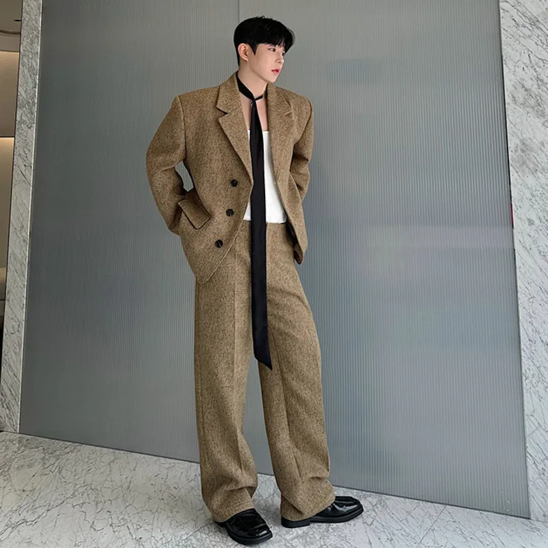 IEFB Autumn Winter Woolen Two-piece Set Temperament Casual Men Clothing Single Breasted Suit Jacket Straight Pants 2024 9C7578