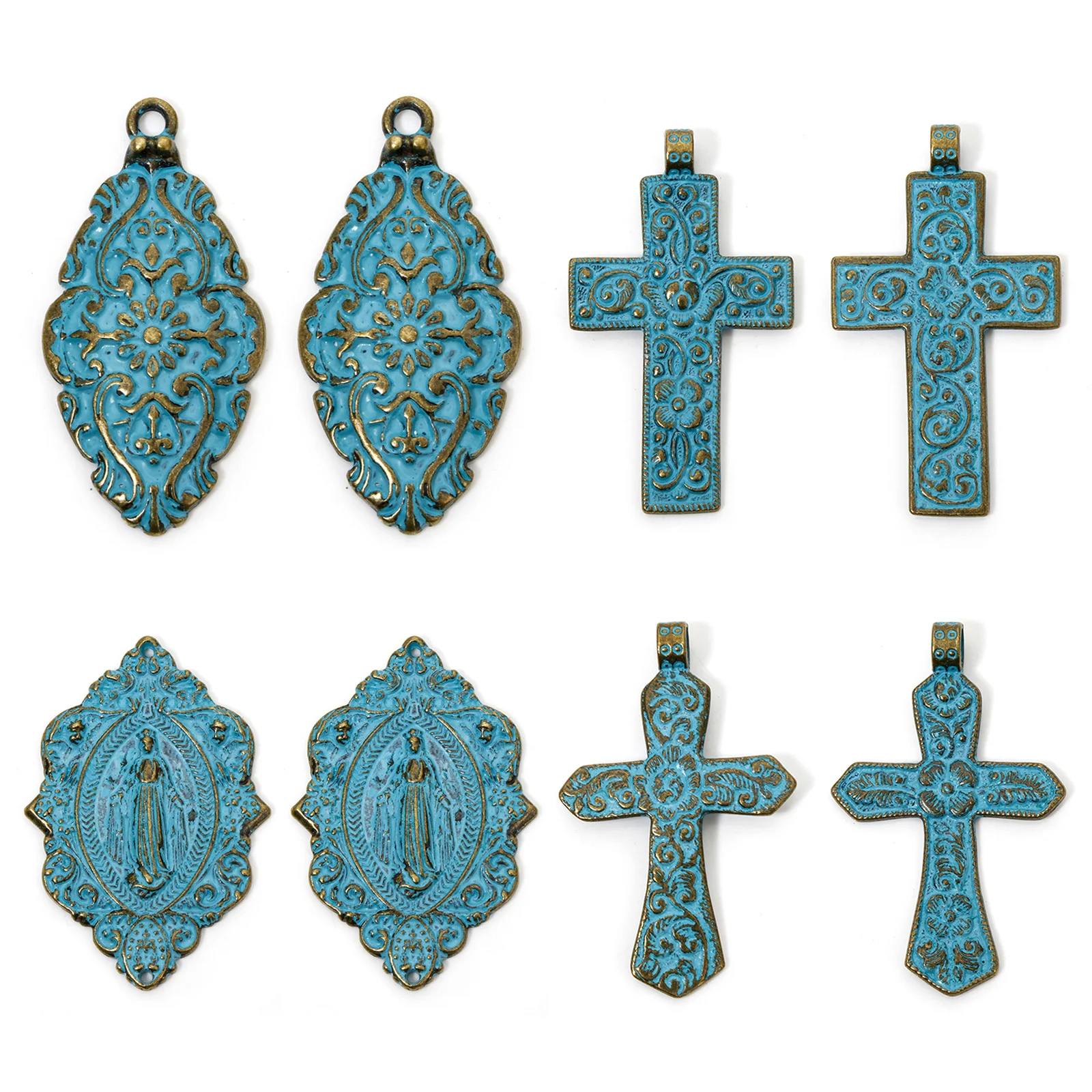 2pcs Religious Pendants Antique Bronze Blue Cross Virgin Mary Carved Pattern Patina Charms For DIY Necklace Jewelry 7.6cmx4.4cm