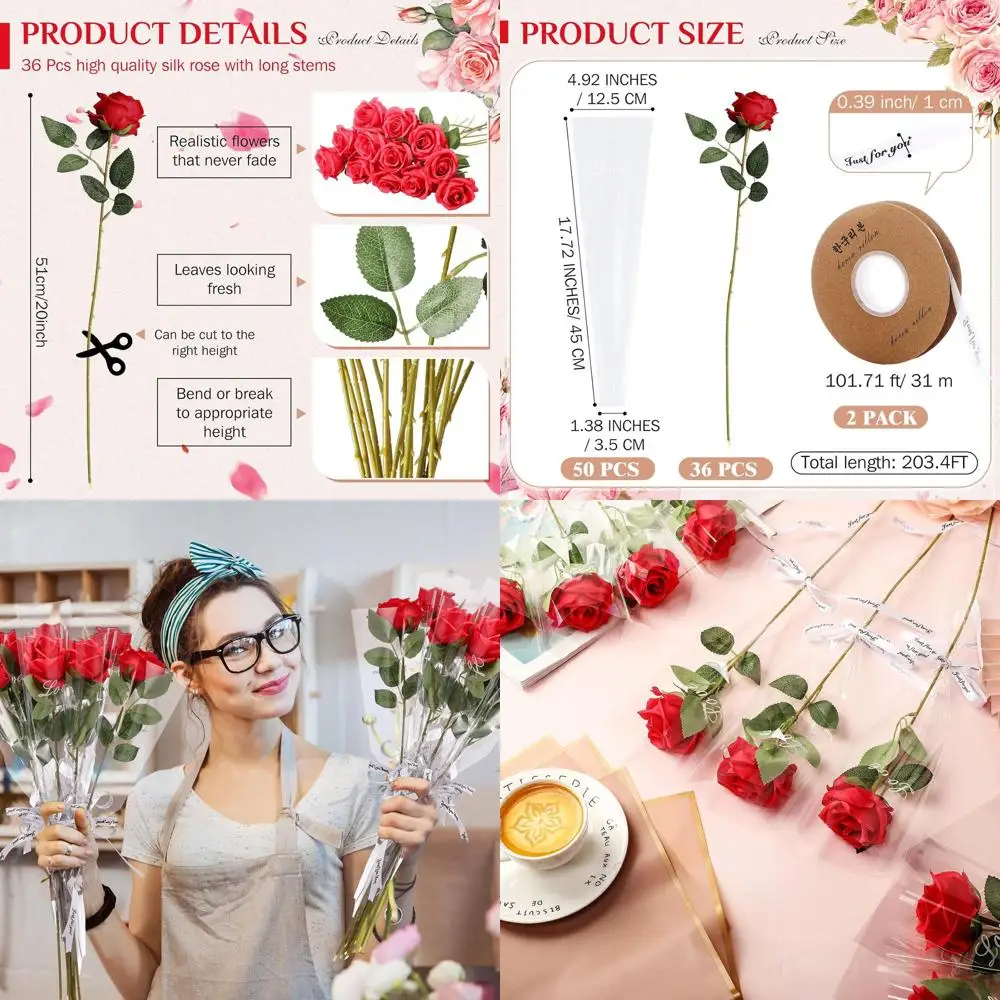 

36 Single Rose Sleeves with 50 Paper Bags, 2 Ribbons for DIY Rose Bouquets - Ideal for Mother's Day, Valentine's, Weddings, and