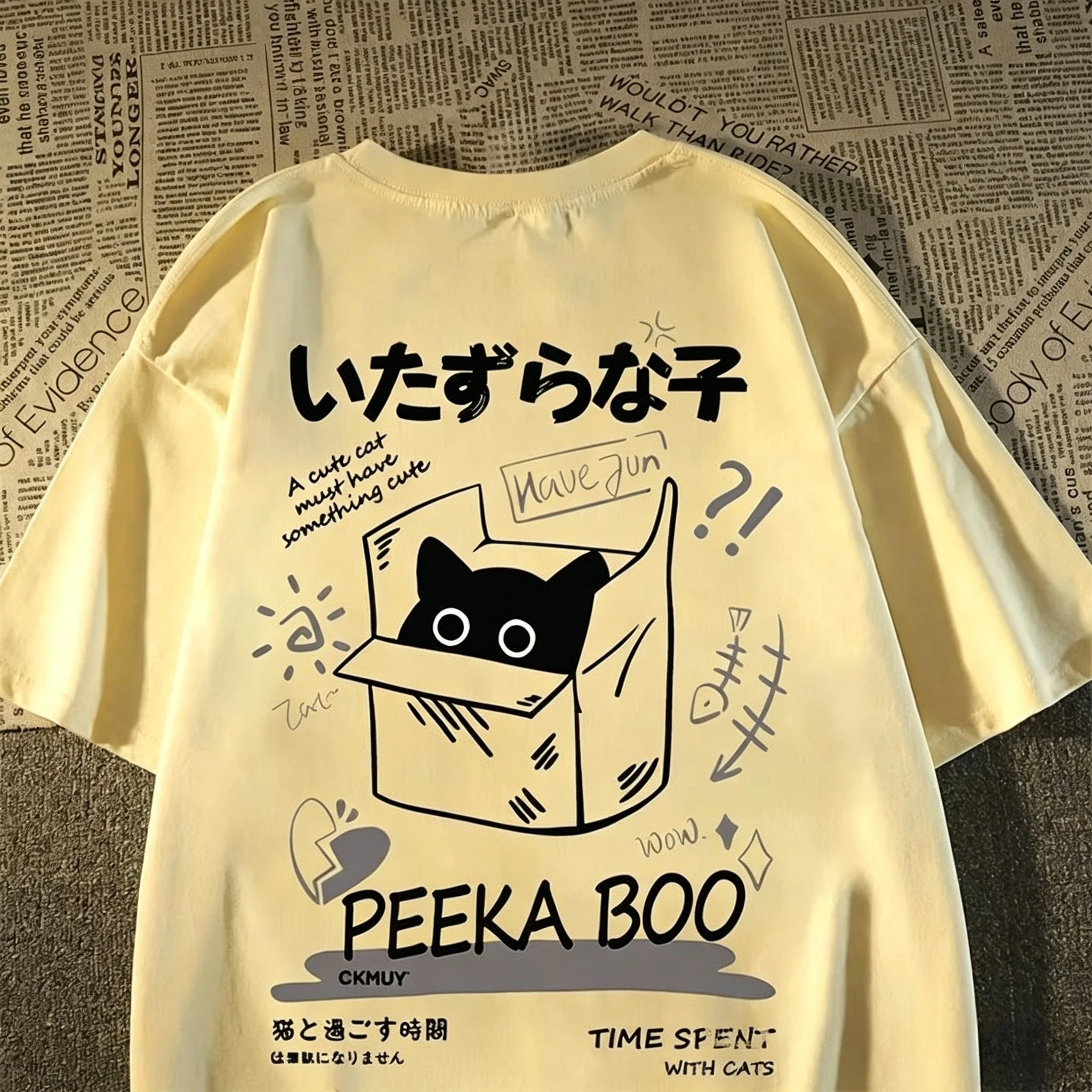 Harajuku Box Cat Back Graphic T-shirt Japanese Slogan Peeka Boo Cute Kitten Doodle Unisex Loose Cotton Oversized Basic Tee