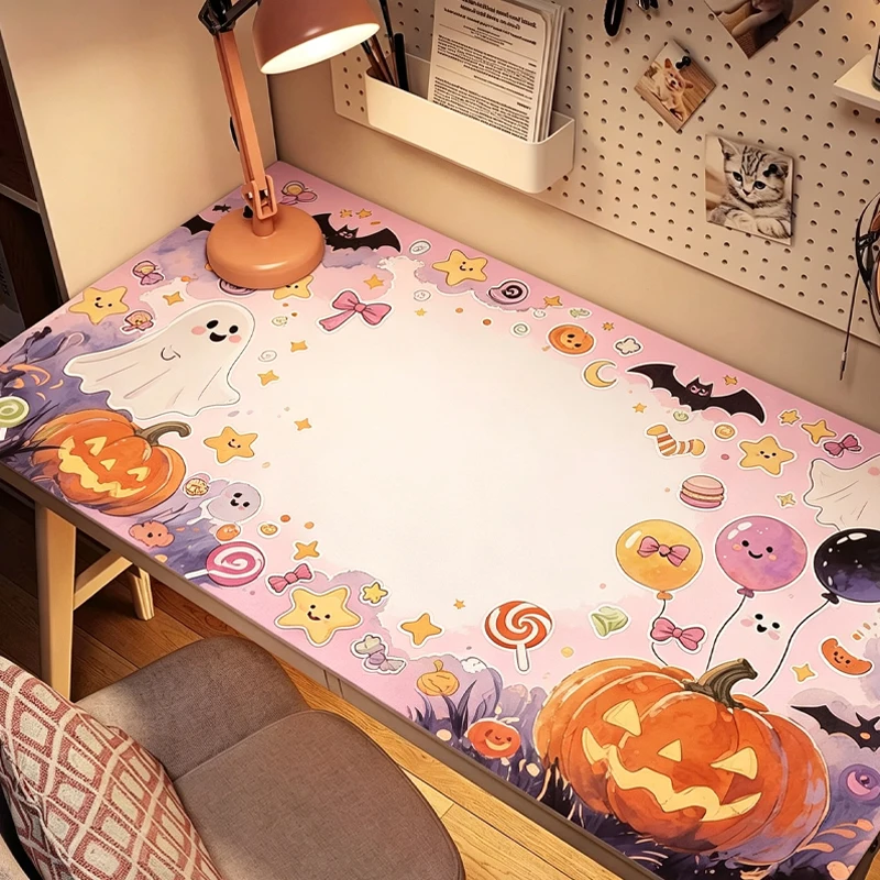 Cool Halloween Pumpkin Sweet Candy Print Y2k Leather Mouse Pad Protector Office Desk Mat Waterproof Non-Slip PU Desk Blotter Pad