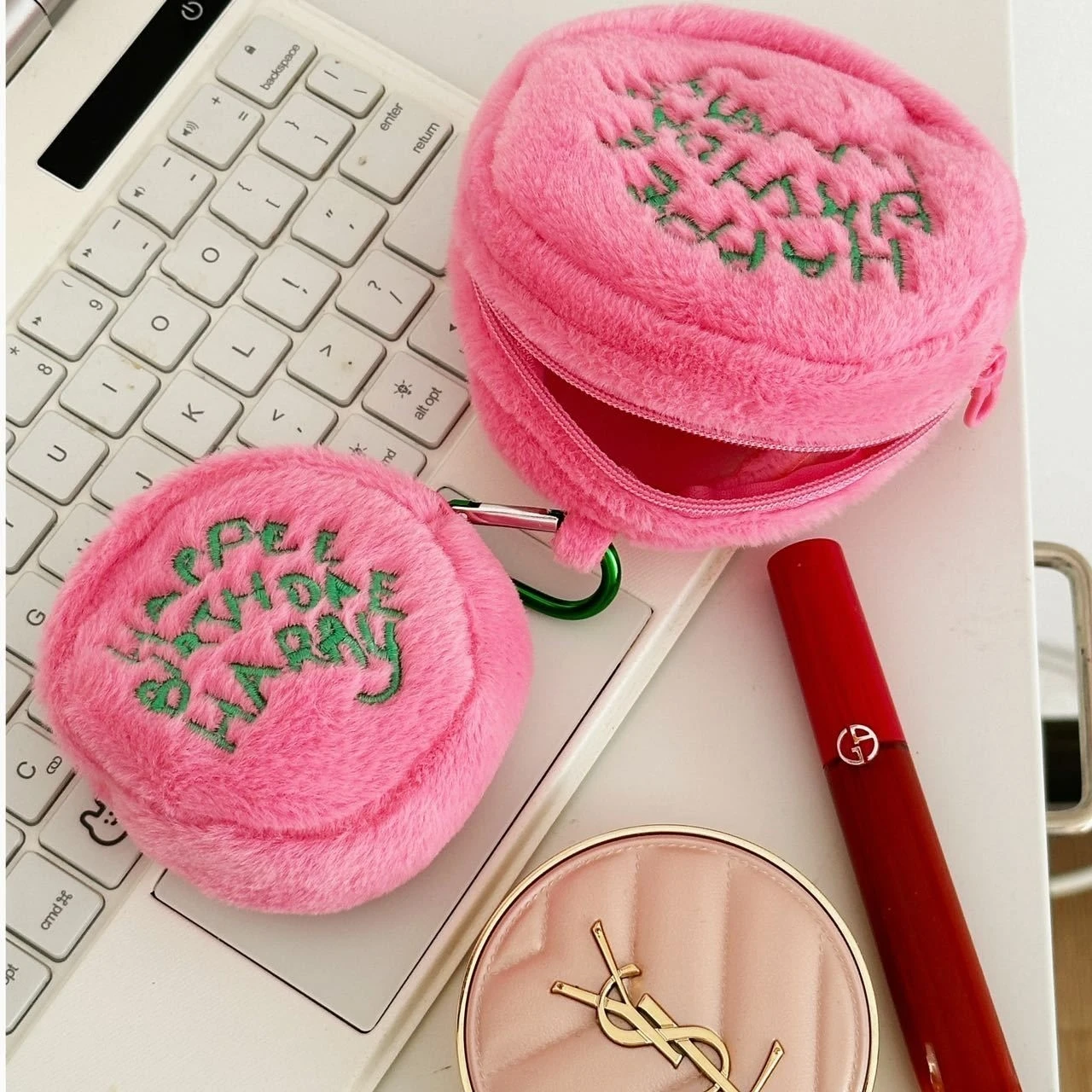 Pink Polka Dot Cute Plush Portable Wallet Mini Coin Purse Earphone Cable Organiser Coin Pouch Cake-Shaped Storage Bag